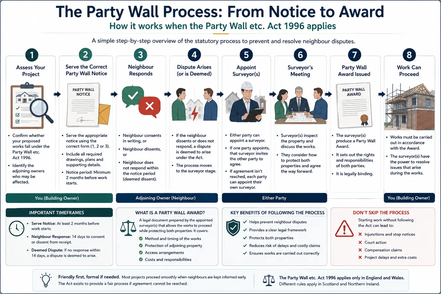 Do I Need a Party Wall Agreement? An infographic showing the party wall process from notice to award in a very interactive way for the citizens living in Blackburn, UK