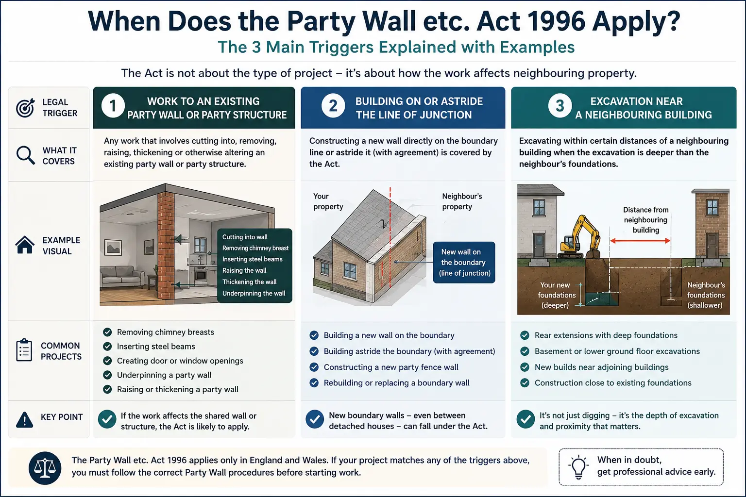 Do I Need a Party Wall Agreement? An infographic showing when does the party wall etc act 1996 apply like excavation, junction, painting, in Blackburn, UK